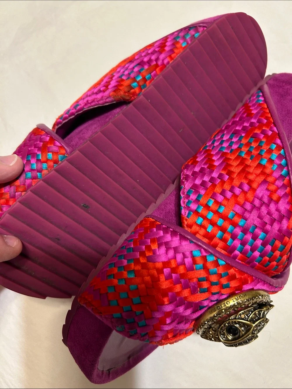 Kurt Geiger Pink Woven Slide Sandals with Decorative Gold Medallion